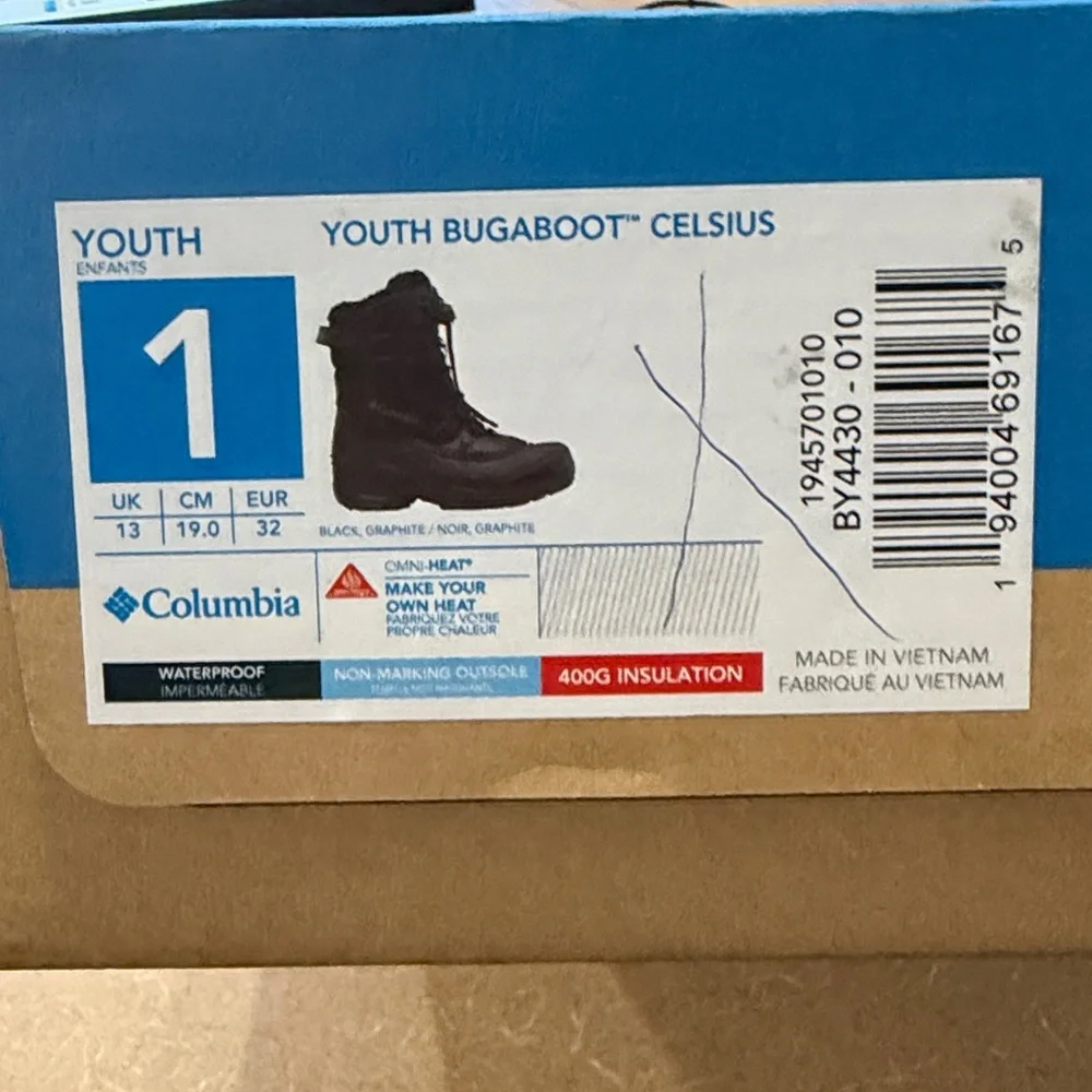 Columbia youth Bugaboot Celsius 400G size 1 waterproof snow boots winter warm